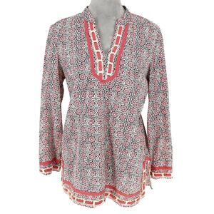 Saint Tropez West Top Womens Medium Ivory Blue Pink Tunic Cotton Blouse Resort